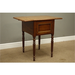  Regency style mahogany Pembroke table with two fall leaves, the two brass moulded drawers and door with drum handles on lobed tapering supports, W74cm, H75cm, D53cm  