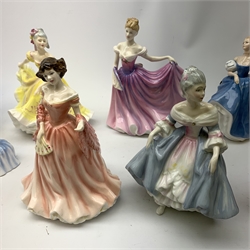  A group of Royal Doulton figurines, comprising Sara HN2265, Southern Belle HN2425, Summer Serenade HN3610, Ruth HN4099, Elaine HN2791, Figure of the year 2000 Rachel HN3976, and Ninette HN2379 (a/f), plus two smaller Royal Doulton figurines, Victoria HN3909, and Christine HN3269 (a/f).  