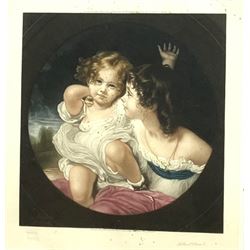 Arthur B Brook (British 1867-1933): 'Sisters', limited edition mezzotint with blind stamp signed in pencil pub. Frost and Reed 1917, 40cm x 38cm; and F Bartolozzi after Richard Cosway: 'The Right Hon. Harriet Viscountess Buckley', 20th century engraving pub. Thomas Ross collection 30cm x 23cm (2)