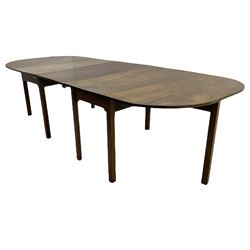 Georgian mahogany dining table, two ends with drop D-end leaves, central additional leaf, gate-leg action base on square supports with inner chamfer