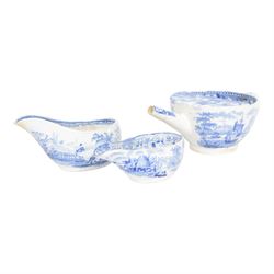 Two early 19th century blue and white transfer printed pap boats, the first example decorated in the Beehive pattern, by William Ridgeway & Co or William Adams, L10cm, the second decorated in one of the Hymphrey's Clock series patterns by William Ridgeway, L11.5cm, together with an early 19th century blue and white transfer printed invalid feeder, L17.5cm