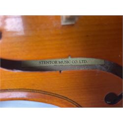 Three Stentor Student violins - three-quarter size with 33cm two-piece back; and two quarter size each with 28cm two-piece back; each in carrying case with bow (3)