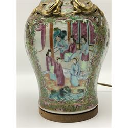 19th century Chinese Canton Famille Rose vase, decorated with figural panels against floral and foliate scroll ground, converted to a lamp, H46cm