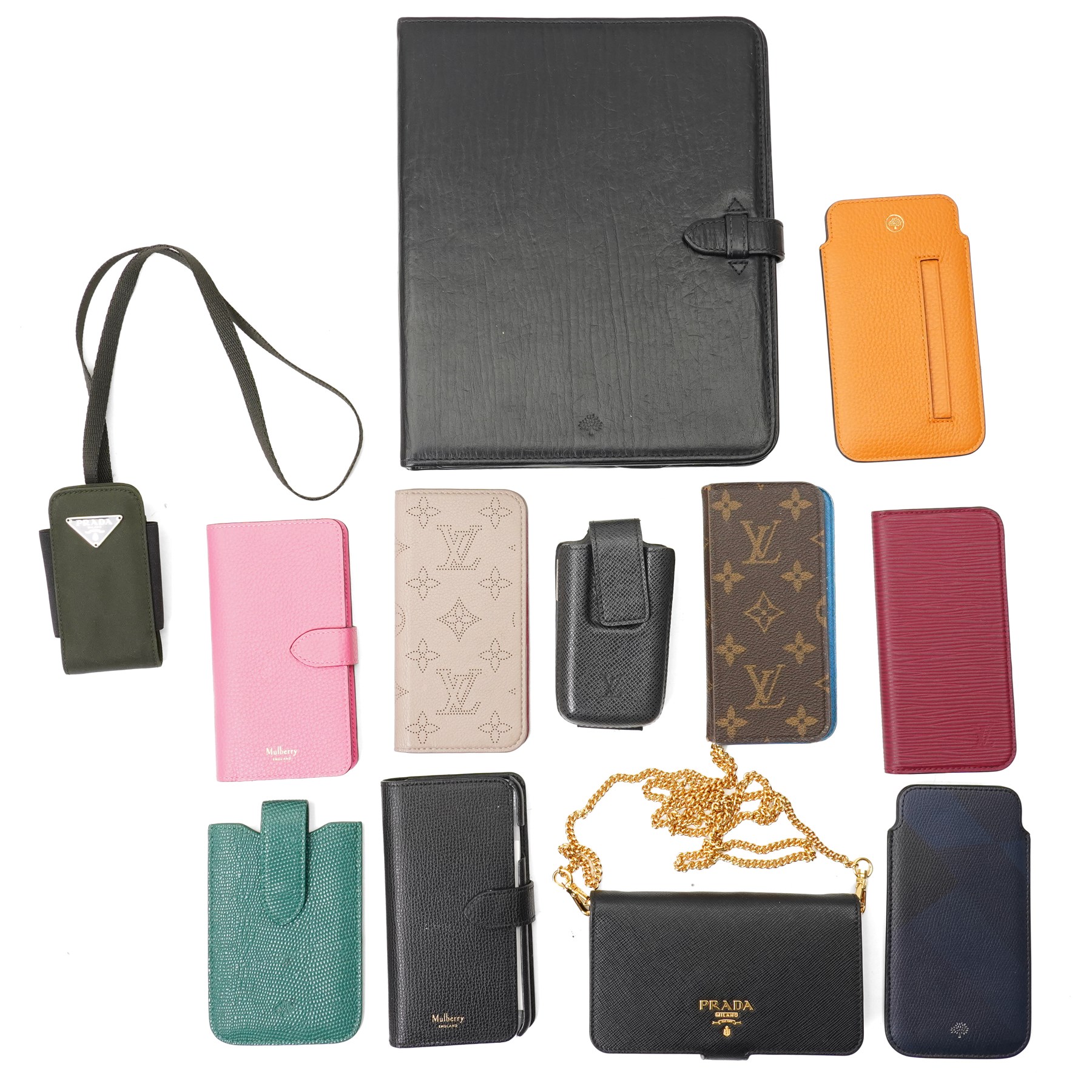 Louis Vuitton, Prada, Mulberry, Saint Laurent and others - collection of designer leather phone cases and pouches, in various colours and designs, together with a Mulberry leather iPad case (12)