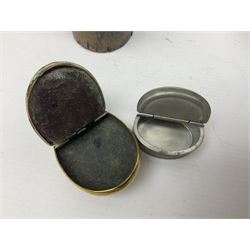 Two horn drinking cups, a French silver plated miniature souvenir book, Victorian brass snuff box dated 1869 and three other vesta/cigarette cases 