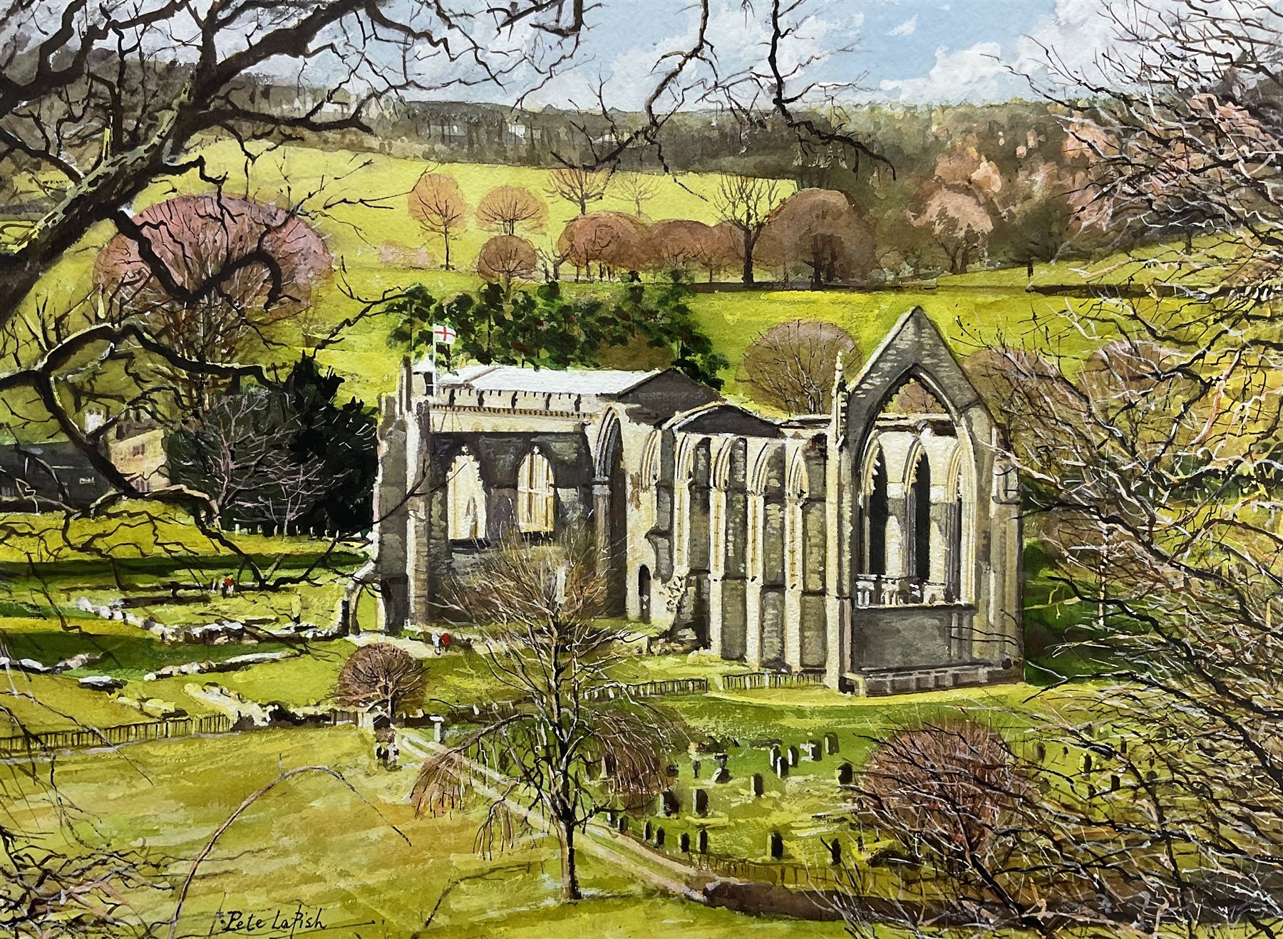 Peter Lapish (British 1937-): 'Bolton Abbey from the Cliff', acrylic on paper signed, titled verso 27cm x 36cm