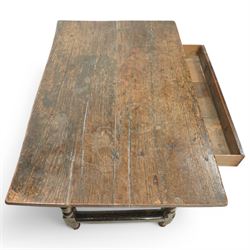 18th century oak side table, two plank rectangular top over single drawer, on turned supports united by plain stretchers 