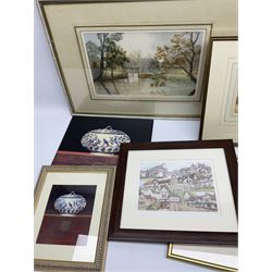 Box of various prints and pictures to include landscape signed A.P Bentall, hunting scenes etc