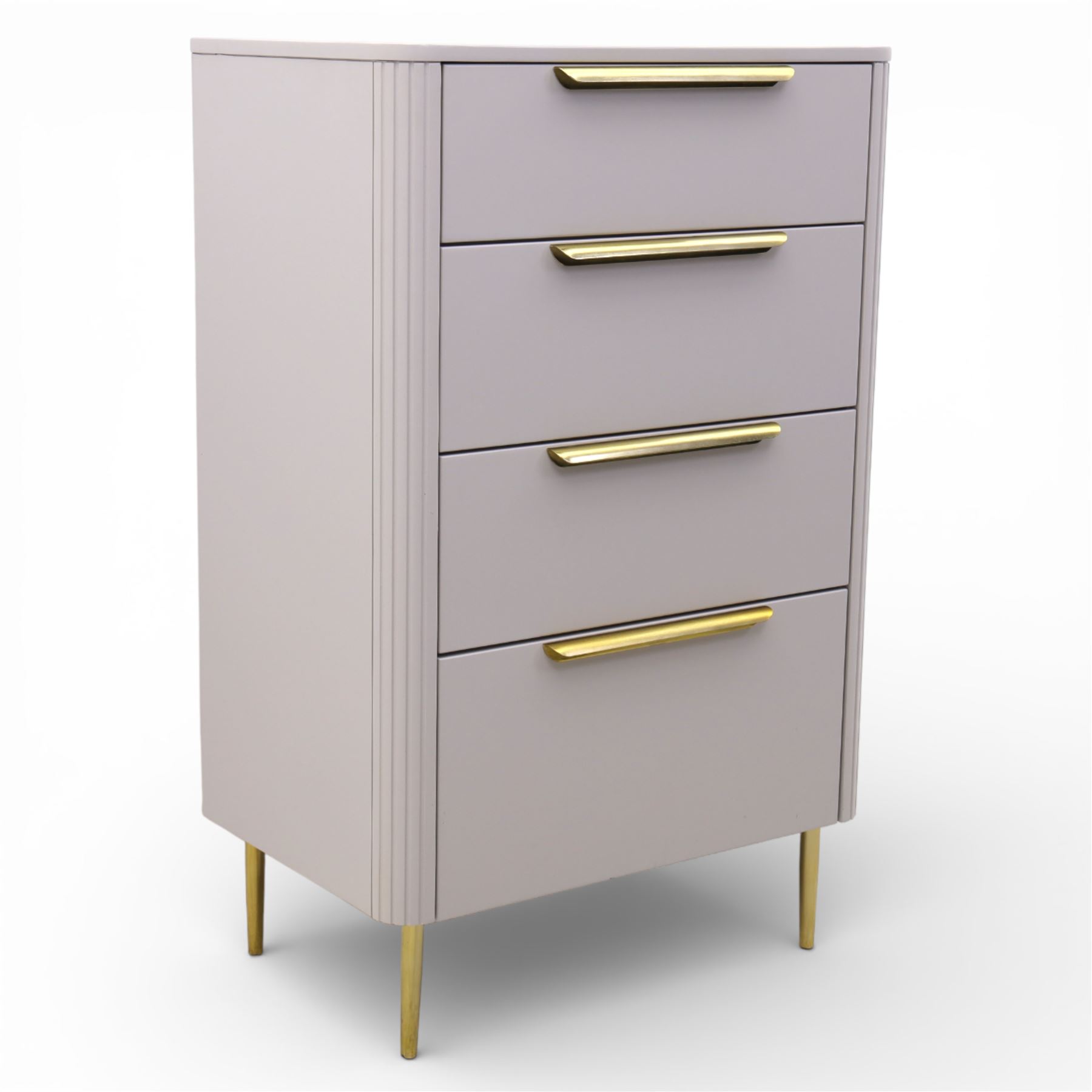 Made.com - 'Ebro' grey four drawer chest, gold painted metal shaped handles, rounded corners with fluted detail, raised on gold painted metal tapered supports