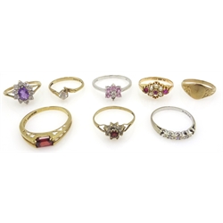  15ct ruby and seed pearl ring, 9ct signet ring, cluster dress rings, 9ct garnet ring etc (8)  