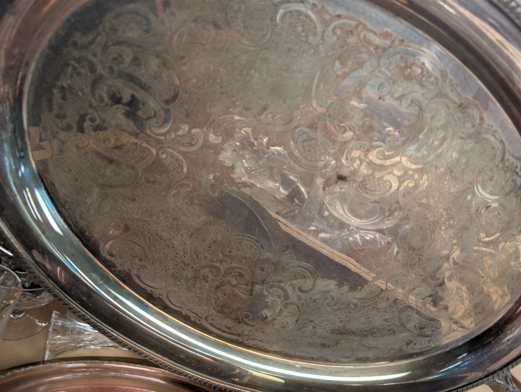 Collection of silver plate including twin-handled tray, cut glass, ceramics and other collectibles, in five boxes