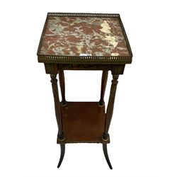 Late 20th century beech and walnut plant stand, French style, rouge marble top on turned supports with undertier, decorated with metal mounts 