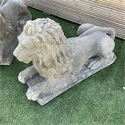 Pair of large cast stone recumbent garden lions, on plinth base  - THIS LOT IS TO BE COLLECTED BY APPOINTMENT FROM DUGGLEBY STORAGE, GREAT HILL, EASTFIELD, SCARBOROUGH, YO11 3TX
