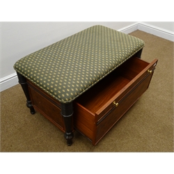  Regency style ottoman, upholstered top above single deep drawer on ebonised support, W92cm, H50cm, D50cm  