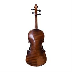 19th century violin, bearing indistinct label to interior, with single piece back, with bow contained within fitted case, violin L60cm