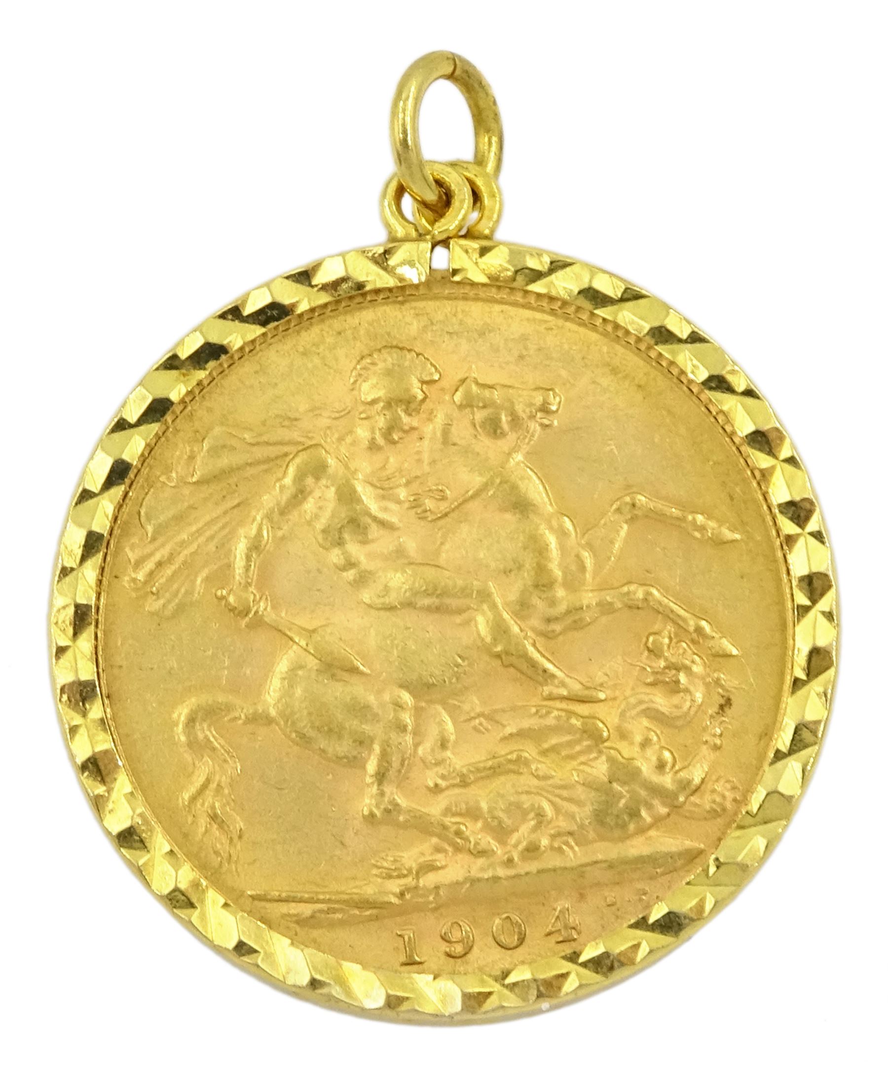 King Edward VII 1904 gold full sovereign coin, loose mounted in 9ct gold pendant hallmarked