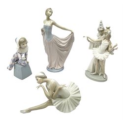Four Lladro figures, comprising The Dancer no. 5050, Carnival Couple no. 4882, Death of the Swan no. 4855  and Harlequin