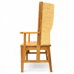 Pair of 20th century full-size pine Orkney chairs, high-back armchairs of traditional design, pegged and wedged construction, wrap-around backrest and sides, above scrolled out-swept arms and solid rounded pine seat, raised on square tapering legs united by stretchers, hand-signed ‘Jackie Miller’ and stamped ‘Orkney’
