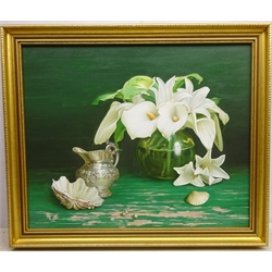  Gregori (Lysechko) Lyssetchko (Russian 1939-): Still Life of Calla Lilies, Shells, Pearls and Silver Ewer Jug. oil on canvas signed and dated 2007, 49cm x 60cm  