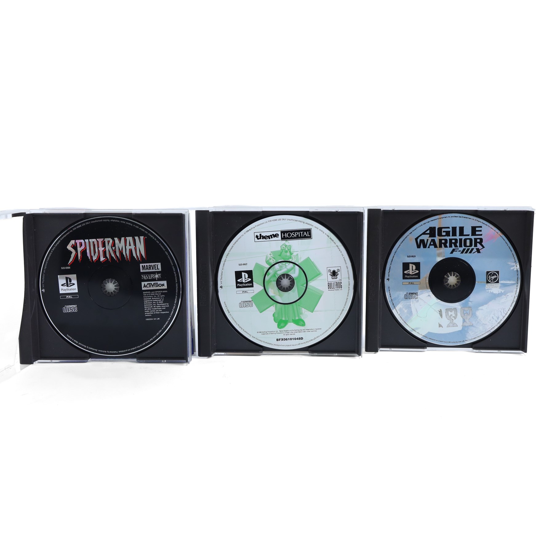 Twelve Sony Playstation 1 games, comprising Theme Hospital, Fear Effect, Fear Effect 2, Roswell Conspiracies, Spider-Man, Best of Infogrames Action Man, Need For Speed II, Machine Hunter, Area 51, Lucky Luke, Agile Warrior F-IIIX and Fighting Force