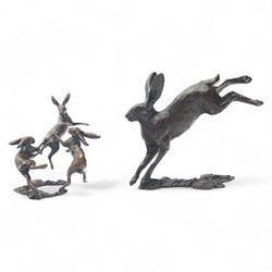 Michael Simpson (British Contemporary): Leaping Hare and Three Hares Dancing, two bronzes, one limited edition signed and numbered 273/350 to base, the other apparently unsigned, larger H7cm (2)