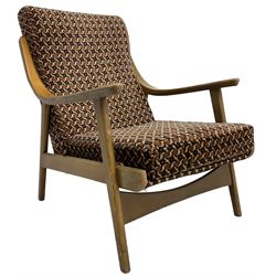 Mid-20th century easy open armchair, upholstered in patterned neutral fabric
