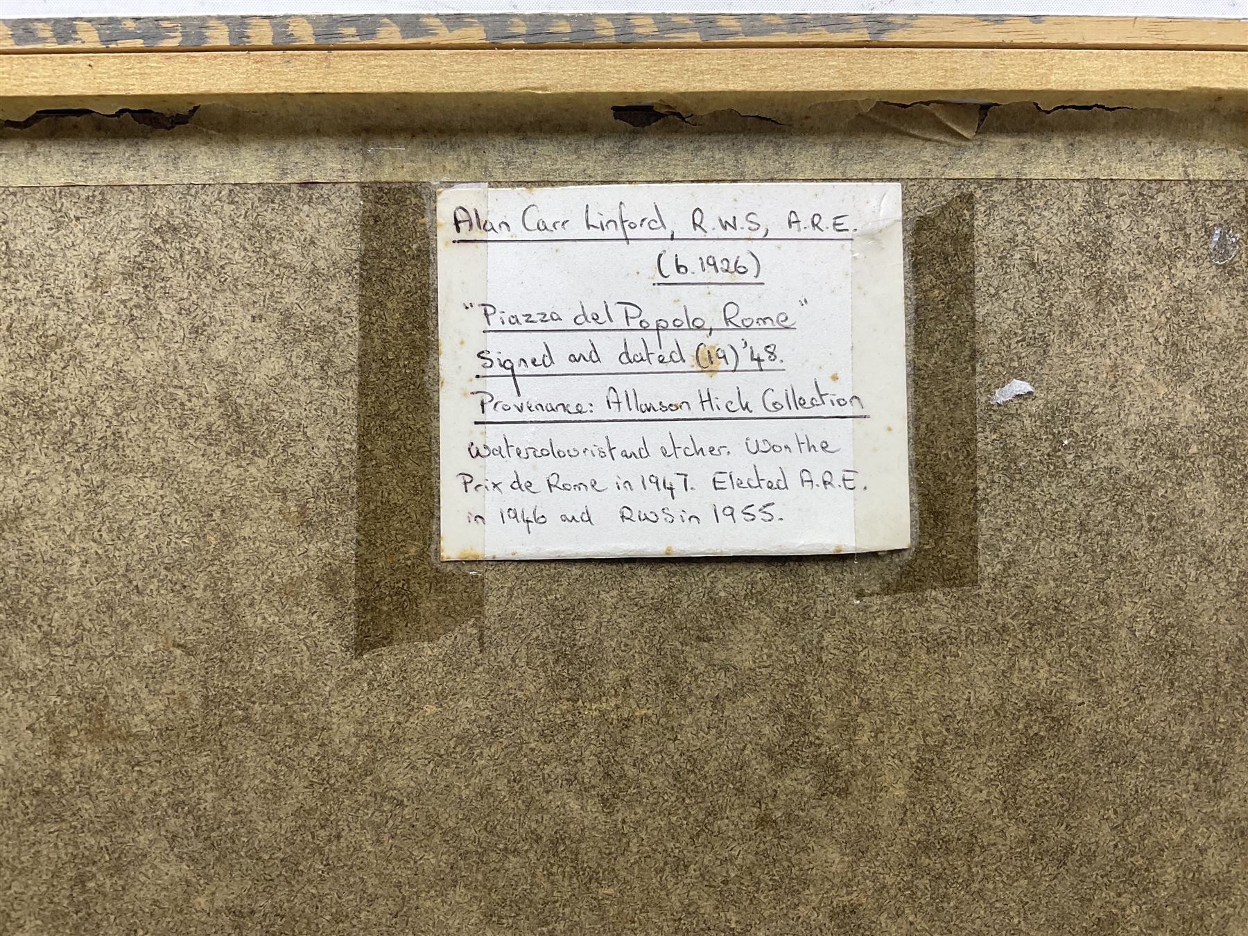 Alan Carr Linford (British 1926-): 'Piazza del Popolo' Rome, pencil and wash signed '48, titled on label verso 26cm x 30.5cm