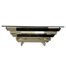 Art Deco style square glass top coffee table, chrome tiered frame base