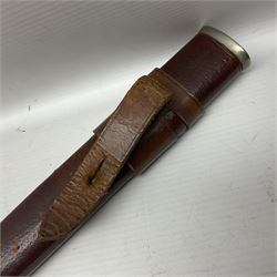 WWI 1821 pattern Royal Artillery officer's sword, the 82.5cm decorative blade by Hawksworth Sheffield etched with GVR cypher and crown, 'Royal Artillery' and field gun between scrolling foliate panels; three-bar hilt with wire-bound fish skin grip and chequered backstrap; in leather covered scabbard L99cm overall