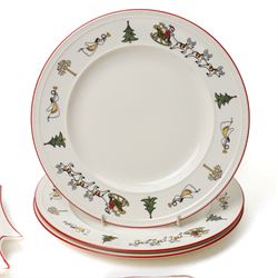 Masons Christmas Village dinner wares, designed by Marsten-Mandrajji, comprising three dinner plates, four lunch plates, tree shaped bon bon dish, serving platter, cake stand, napkin rings etc