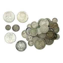 Approximately 215 grams of world coins, mostly in silver, including United States of America 1851 half dime, 1875 dime, three half dollars dated 1943, 1963 and 1964 etc 