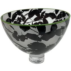 Gillies Jones of Rosedale glass bowl decorated with black foliage with green rim, upon a short clear tapering foot, signed to base, H13cm D15cm
