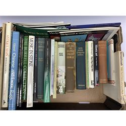 Collection of antiques reference books including ceramics, silver, pewter and Sheffield Plate, European Silks, maps, rugs, collection catalogues etc