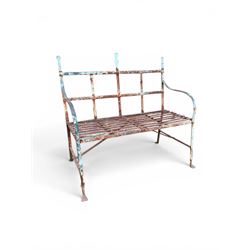 Regency period wrought iron strapwork garden bench, cresting rail with central Scottish thistle motif and flanking pediments, in distressed blue painted finish