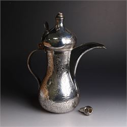 Middle Eastern silver coffee pot or Dallah, of baluster form with elongated spout and domed lid, with chased scrolling foliate decoration, the lid with applied silver plaque with presentation engraving, stamped 925 to base, H26.5cm