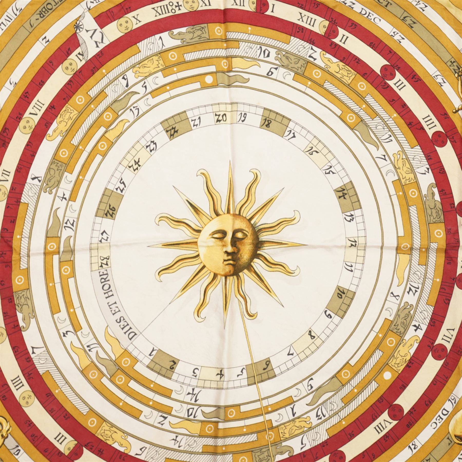 Hermes 'Astrologie' or 'Dies et Hore' silk scarf, in red and gold colourway, designed by Francoise Faconnet, 86cm x 86cm