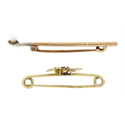 Early 20th century gold amethyst and pearl insect brooch by MB & Co (probably Murrle Bennett & Co), stamped 15ct and a gold and silver single stone pearl golf club brooch, stamped 9ct & Sil