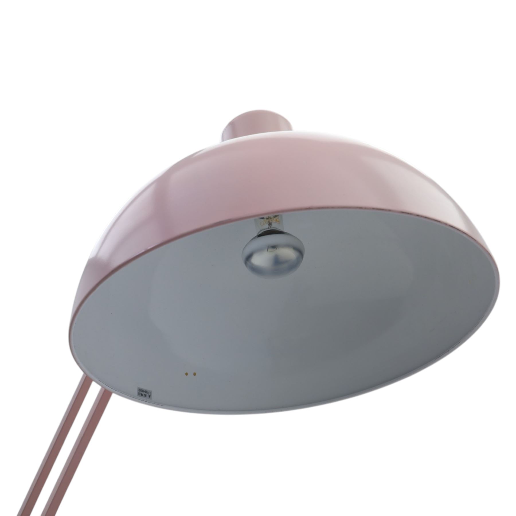 Contemporary pink floor lamp, in the manner of Anglepoise, counter balance sprung arm, blue cord with a weighted base 