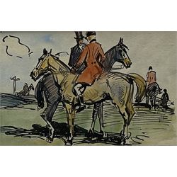 John Atkinson (Staithes Group 1863-1924): Study of Mounted Huntsmen, watercolour postcard signed, inscribed 'With all good wishes for the New Year from Mr & Mrs J Atkinson 1911' beneath the mount 7.5cm x 11.5cm