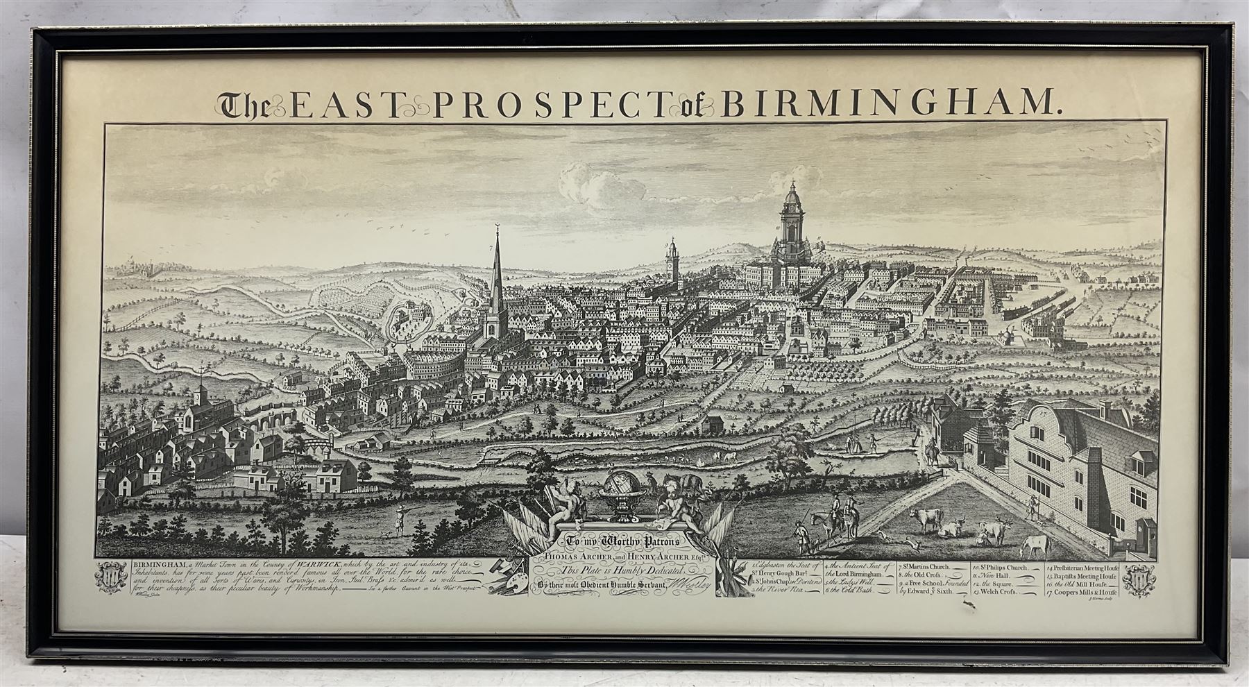 'The East Prospect of Birmingham' and 'The Southwest prospect of Birmingham in the County of Warwick': two 20th topographical engravings max 46cm x 89cm (2)