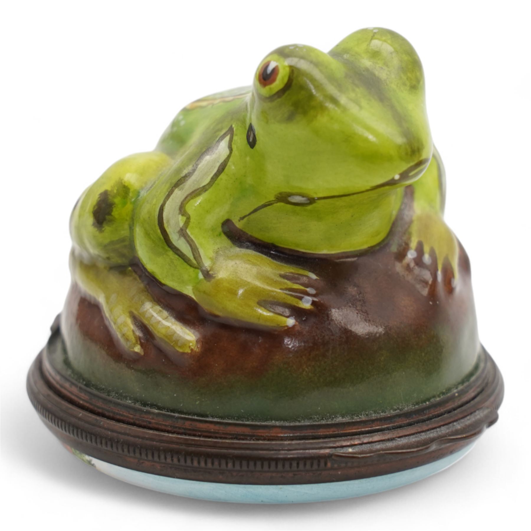 Three Halcyon Days enamel bonbonnieres comprising a mallard, panda and frog, H7cm max (3)