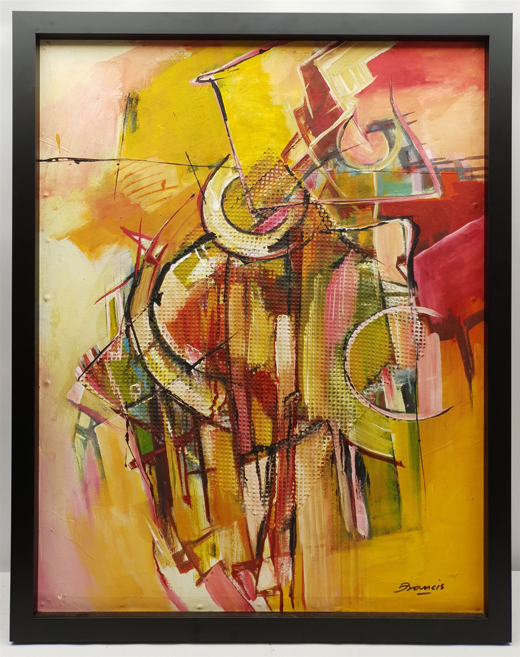 Francis Perera (Sri Lankan 1931-): Geometric Abstract, oil and mixed media on sail canvas signed 80cm x 63cm 
Notes: Perera a noted Sri Lankan artist has had many solo exhibitions both in his home country and overseas. He is a six time winner of the Presidential Award, represented Sri Lanka in Washington DC to commemorate the 50th anniversary of its independence, exhibited at the Royal Commonwealth Society in 2002, and at the 20th International Art Festival in Germany.