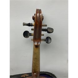 German trade violin c1900 the 36cm two-piece maple back impressed 'Stainer', maple ribs and spruce top, bears label 'Jacobis Stainer in Absam prope Oenipontum 17**' L59cm; in carrying case marked 'The Improved Dome' with bow