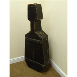  Late 19th/early 20th century ebonised pine cello case by W.E. Hill, 120 Bond Street, London, original brass carrying handles, hook catches, hinges and locks, green plush and mahogany fitted interior, with ebonised bow stays, leather strap and two hinged compartments L131cm  
