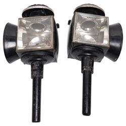 Hamshaw (Leicester) - pair of Edwardian white metal and toleware carriage lamps, the pagod...