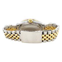 Rolex Oyster Perpetual Datejust gentleman's gold and stainless steel automatic wristwatch, circa 1987, Ref. 16253, serial No. 9871038, white dial with Roman numeral hour markers and date aperture, on gold and stainless steel Jubilee bracelet, with fold-over clasp