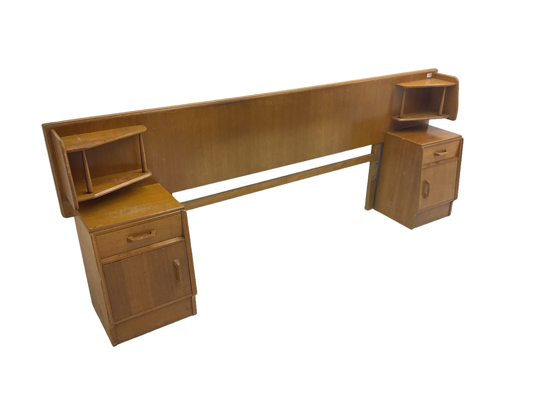 G-Plan - 'Brandon' oak headboard with open shelves to each side (W222cm H86cm), with two matching bedside cupboards, fitted with single drawer over cupboard (W37cm H53cm)