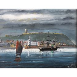Robert Sheader (British 20th Century): Scarborough South Bay by Moonlight, oil on board si...