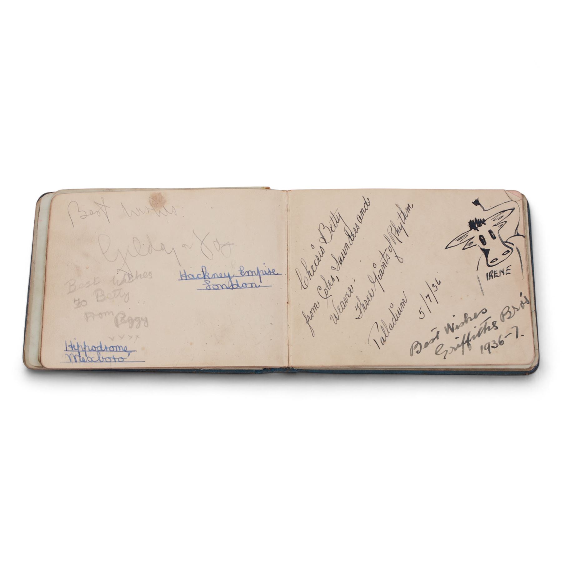 1930s autograph book containing various signatures from theatre performers and musicians, including Douglas Wakefield, Dorothy Langley, Phyllis Robins, Billy Scott-Coombes, Alfredo, etc 