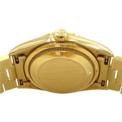 Rolex Oyster Perpetual Day-Date gentleman's 18ct gold wristwatch, circa 1996, Ref. 18238, serial No. T276856, cream pyramid Roman dial, on 18ct gold Presidential bracelet with fold-over clasp